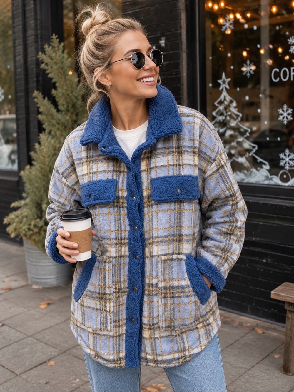 Panache Apparel Blue Plaid Sherpa-Trim Shacket